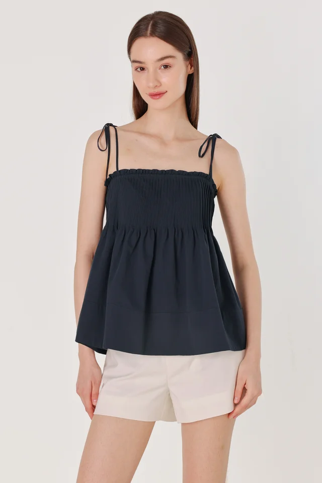 VANNY PINTUCK TIE-STRING THICK HEM TOP (NAVY)