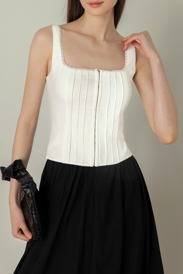 MARIBEL PADDED LINEN PINTUCK LACE TRIM CORSET TOP (WHITE)