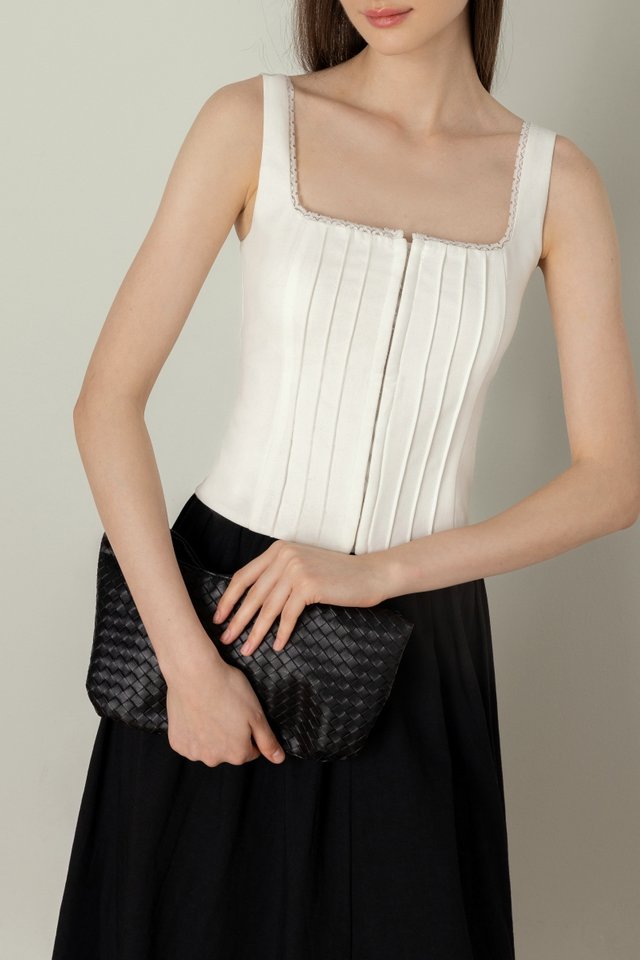 MARIBEL PADDED LINEN PINTUCK LACE TRIM CORSET TOP (WHITE)