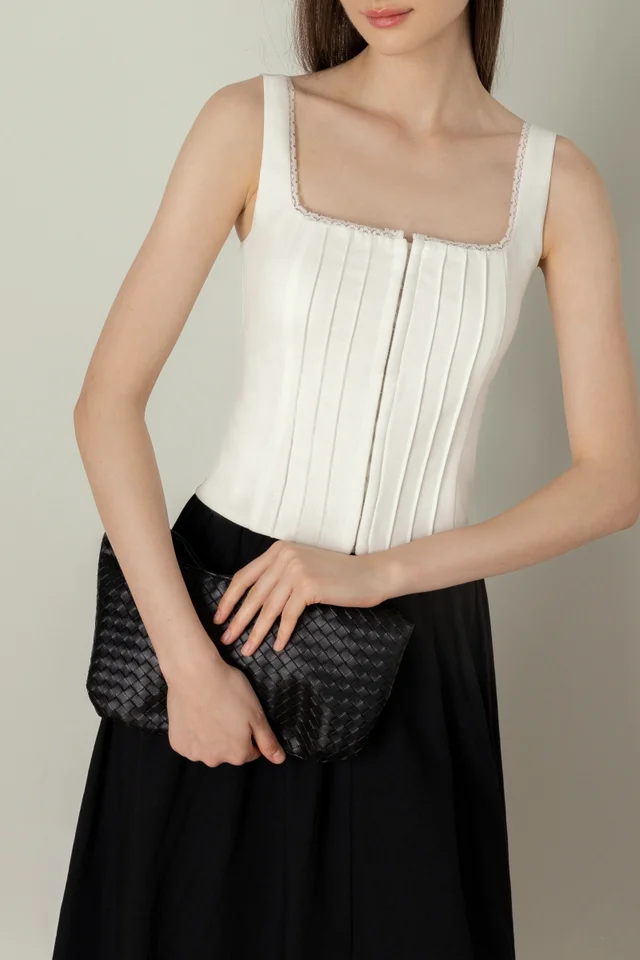 MARIBEL PADDED LINEN PINTUCK LACE TRIM CORSET TOP (WHITE)