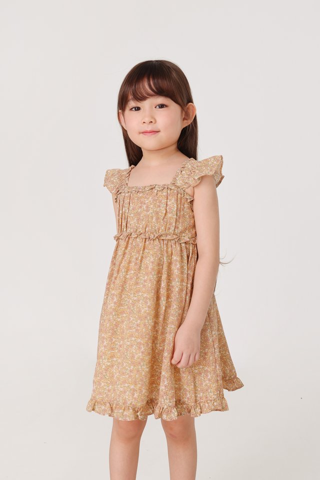 DAISIES RUCHED RUFFLE SLEEVE DRESS - MINI GIRL