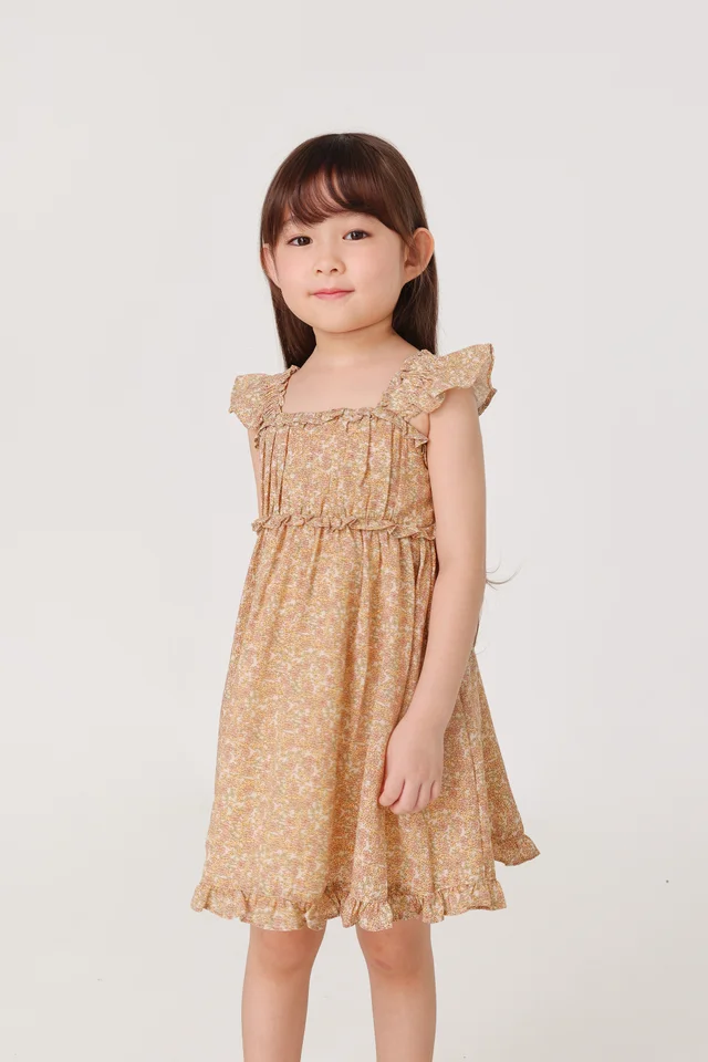 DAISIES RUCHED RUFFLE SLEEVE DRESS - MINI GIRL