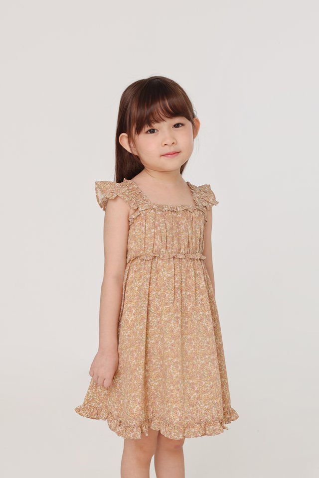 DAISIES RUCHED RUFFLE SLEEVE DRESS - MINI GIRL