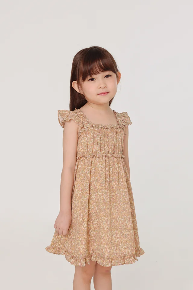 DAISIES RUCHED RUFFLE SLEEVE DRESS - MINI GIRL