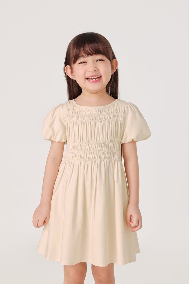 ERLENA LINEN RUCHED PUFF SLEEVE DRESS - MINI GIRL (NATURAL)