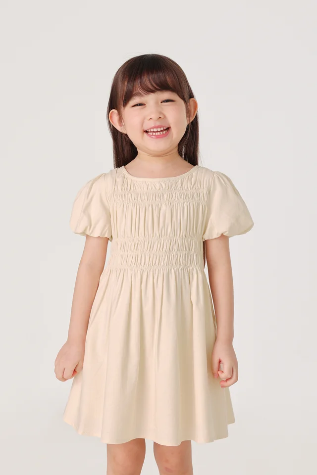 ERLENA LINEN RUCHED PUFF SLEEVE DRESS - MINI GIRL (NATURAL)
