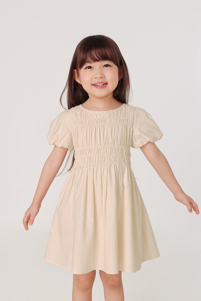 ERLENA LINEN RUCHED PUFF SLEEVE DRESS - MINI GIRL (NATURAL)