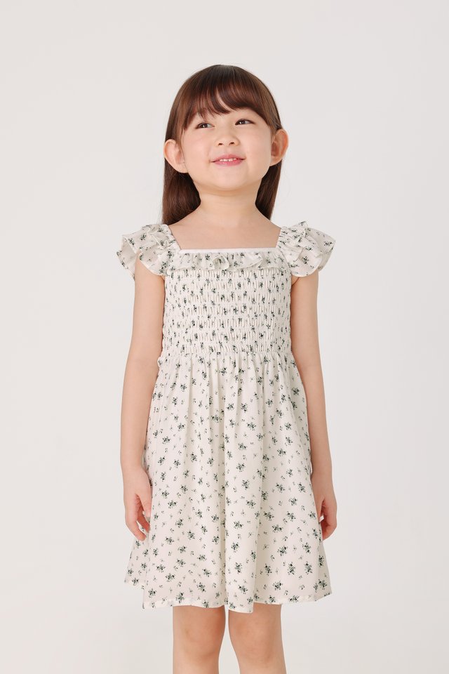 ALICE SQUARE NECK SMOCKED RUFFLE DRESS - MINI GIRL (WHITE FLORAL)