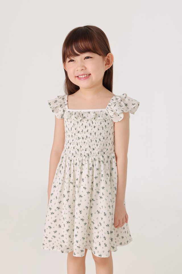 ALICE SQUARE NECK SMOCKED RUFFLE DRESS - MINI GIRL (WHITE FLORAL)