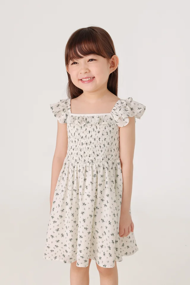 ALICE SQUARE NECK SMOCKED RUFFLE DRESS - MINI GIRL (WHITE FLORAL)