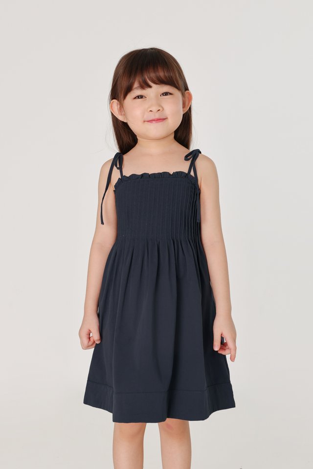 VANNY PINTUCK TIE-STRING THICK HEM DRESS - MINI GIRL (NAVY)