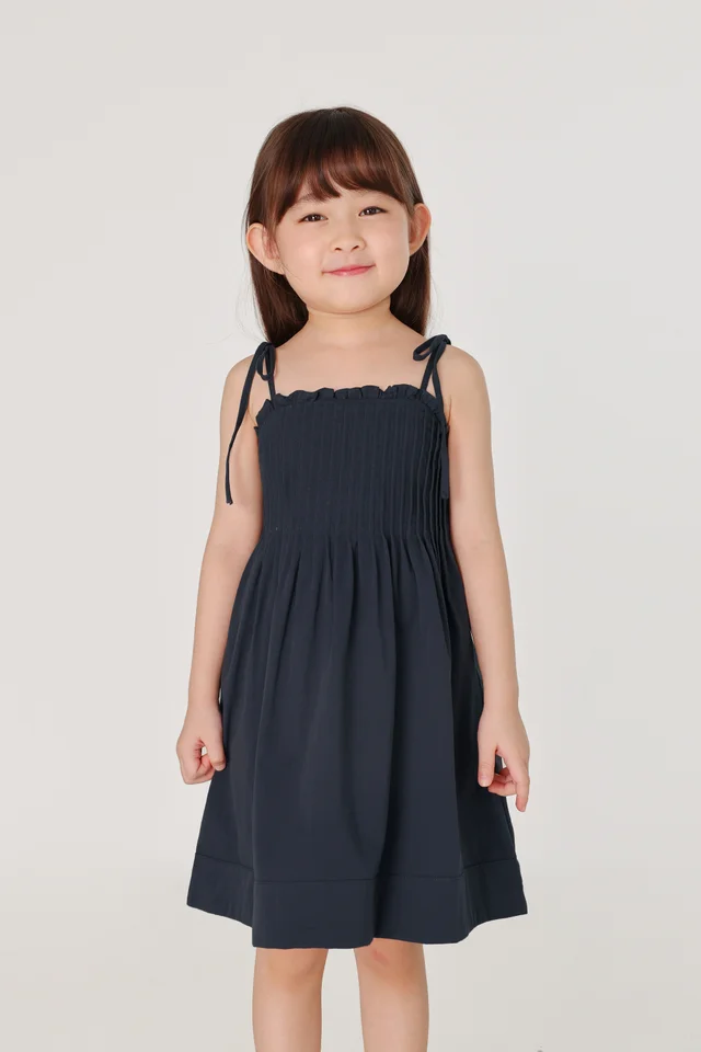 VANNY PINTUCK TIE-STRING THICK HEM DRESS - MINI GIRL (NAVY)