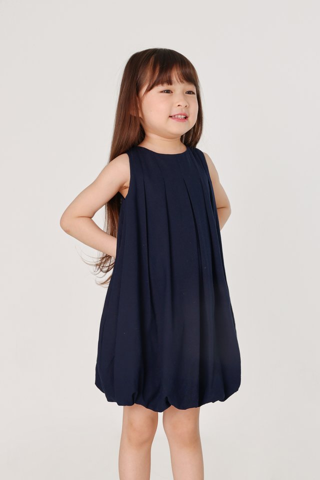 EUNICE LINEN PANELLED BUBBLE HEM DRESS - MINI GIRL (NAVY)