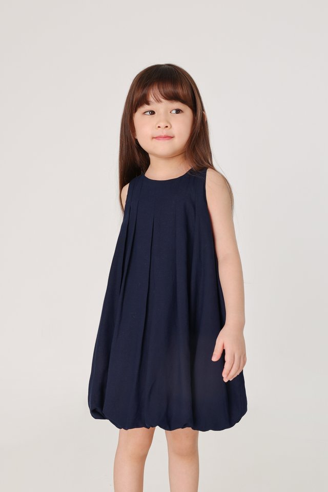 EUNICE LINEN PANELLED BUBBLE HEM DRESS - MINI GIRL (NAVY)