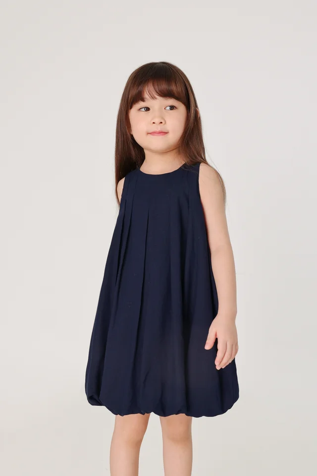 EUNICE LINEN PANELLED BUBBLE HEM DRESS - MINI GIRL (NAVY)