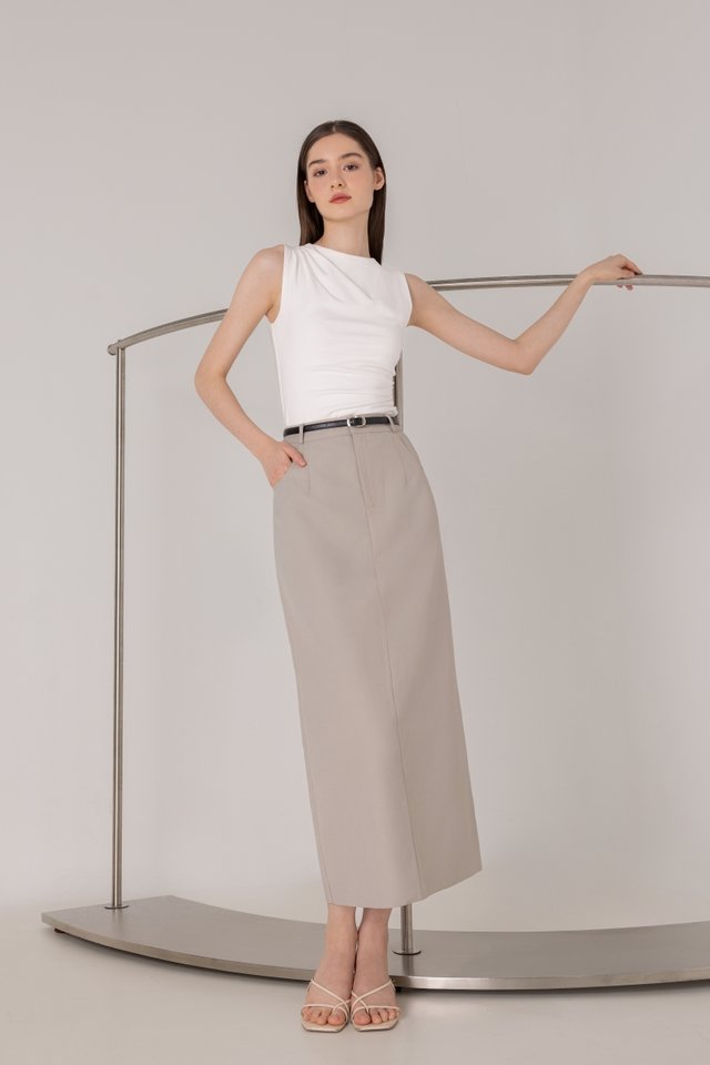 LEONA BELTED COLUMN BACK SLIT MAXI SKIRT (TAUPE)