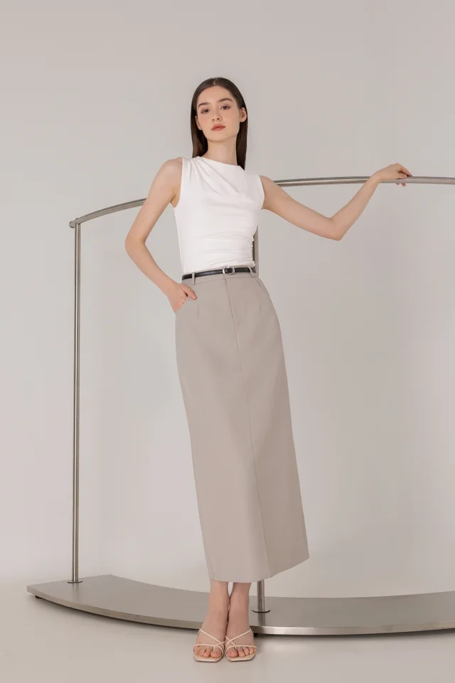 LEONA BELTED COLUMN BACK SLIT MAXI SKIRT (TAUPE)