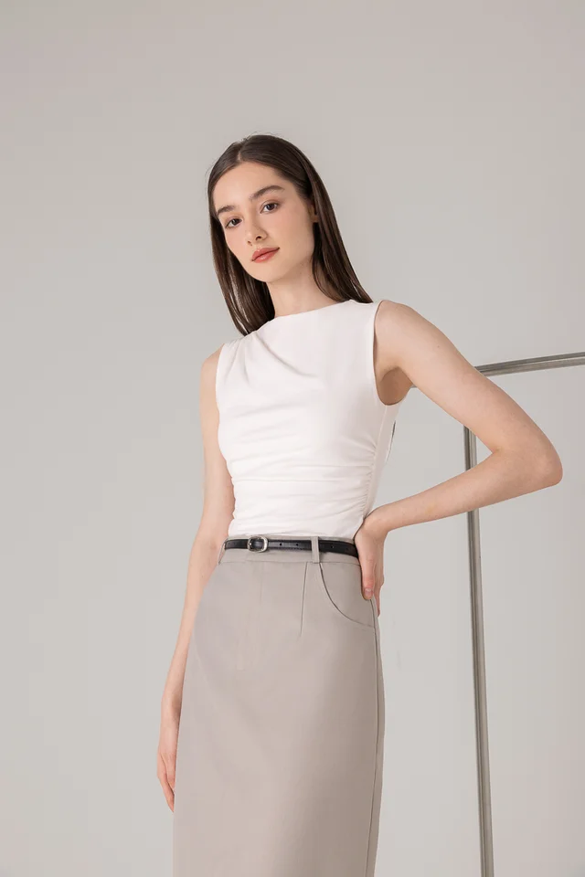 ANGIE MOCK NECK RUCHED TOP (WHITE)