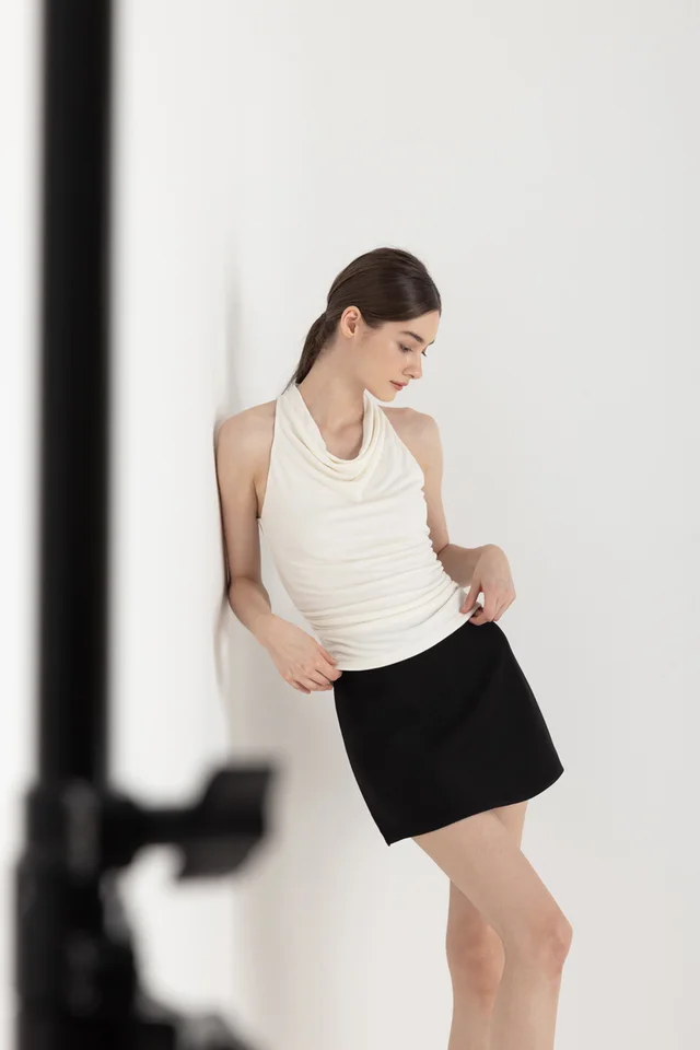 RIKI COWL NECK RUCHED HALTER TOP (OFF-WHITE)