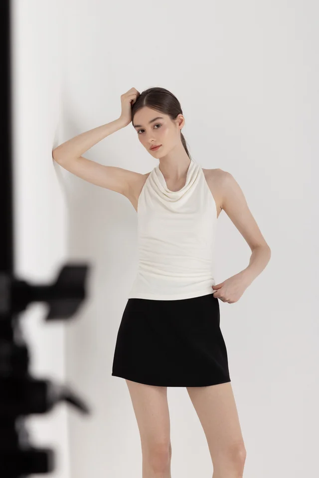 RIKI COWL NECK RUCHED HALTER TOP (OFF-WHITE)