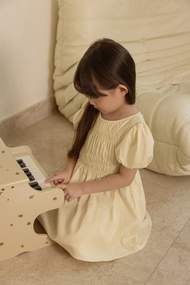 ERLENA LINEN RUCHED PUFF SLEEVE DRESS - MINI GIRL (YELLOW)