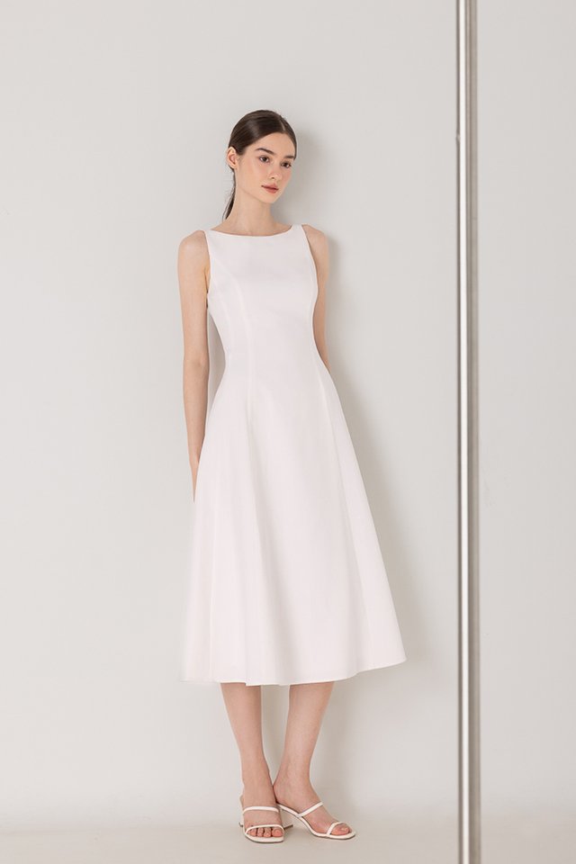JASLYN PADDED LINEN BOATNECK PANEL MIDAXI DRESS (WHITE)