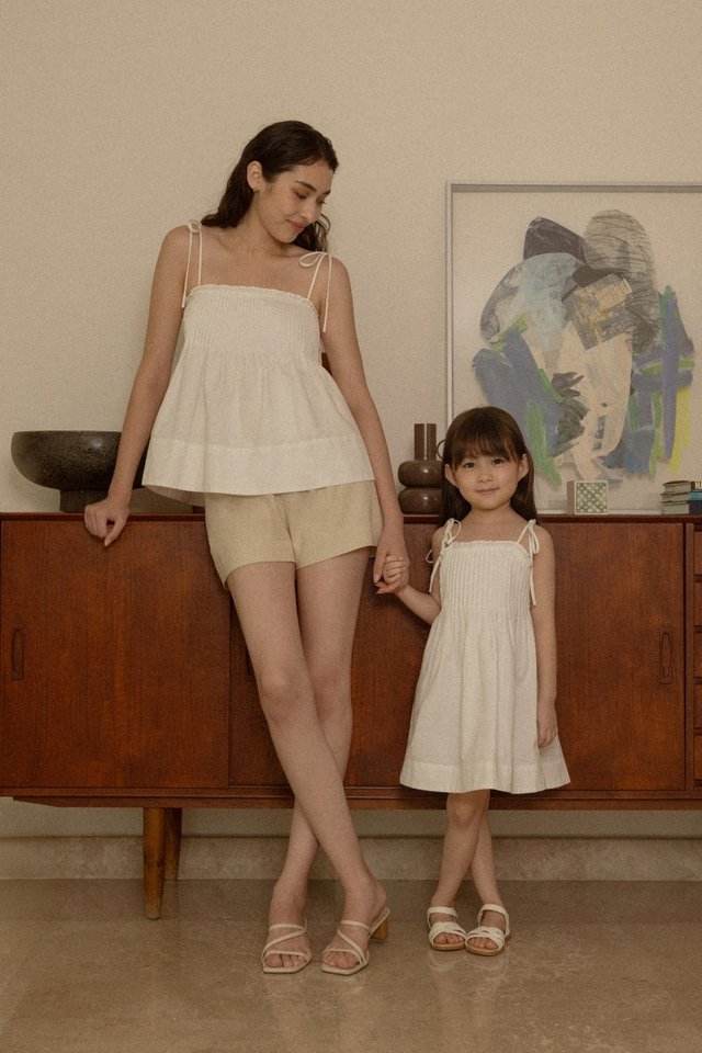 VANNY PINTUCK TIE-STRING THICK HEM DRESS - MINI GIRL (WHITE)