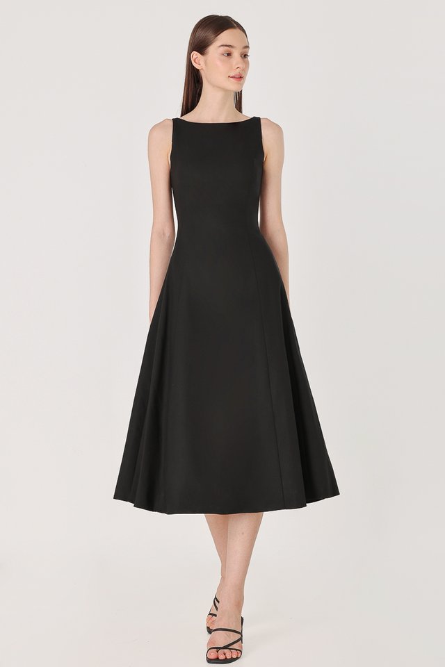 JASLYN PADDED LINEN BOATNECK PANEL MIDAXI DRESS (BLACK)