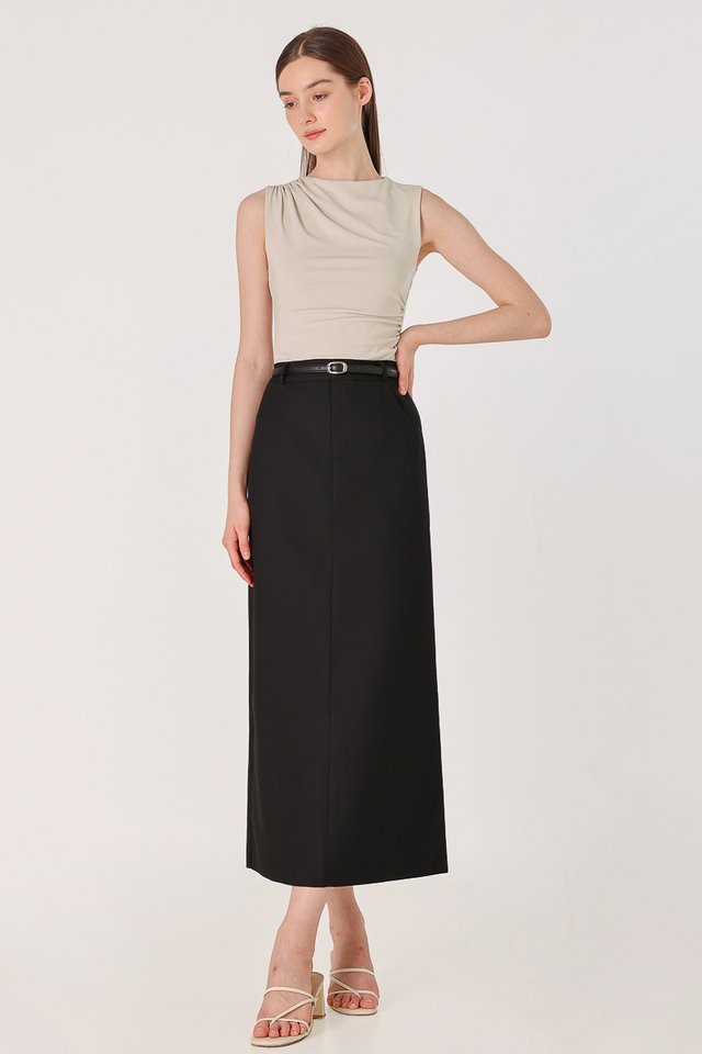 LEONA BELTED COLUMN BACK SLIT MAXI SKIRT (BLACK)