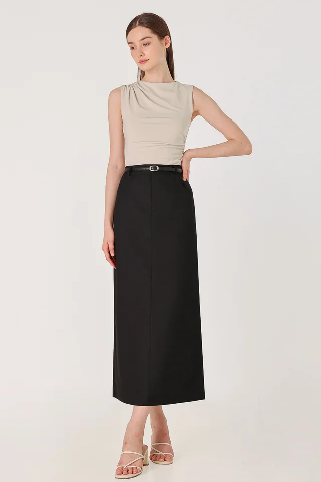 LEONA BELTED COLUMN BACK SLIT MAXI SKIRT (BLACK)