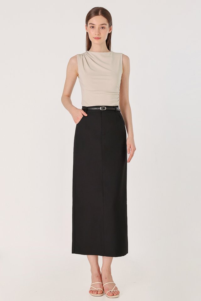 LEONA BELTED COLUMN BACK SLIT MAXI SKIRT (BLACK)
