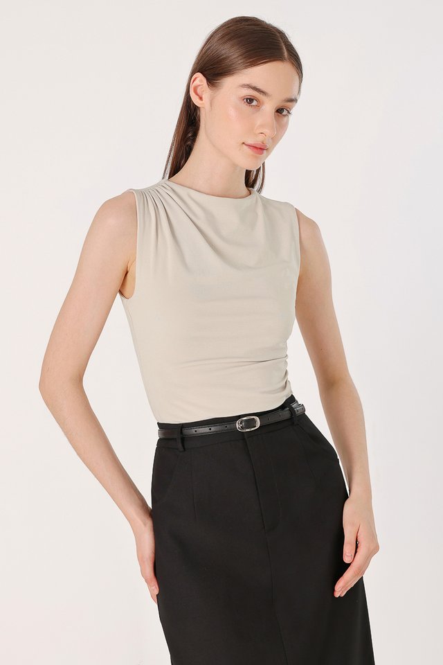 ANGIE MOCK NECK RUCHED TOP (TAUPE)