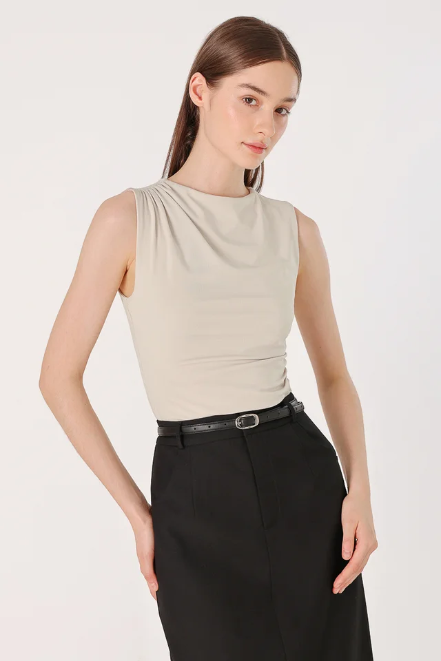 ANGIE MOCK NECK RUCHED TOP (TAUPE)