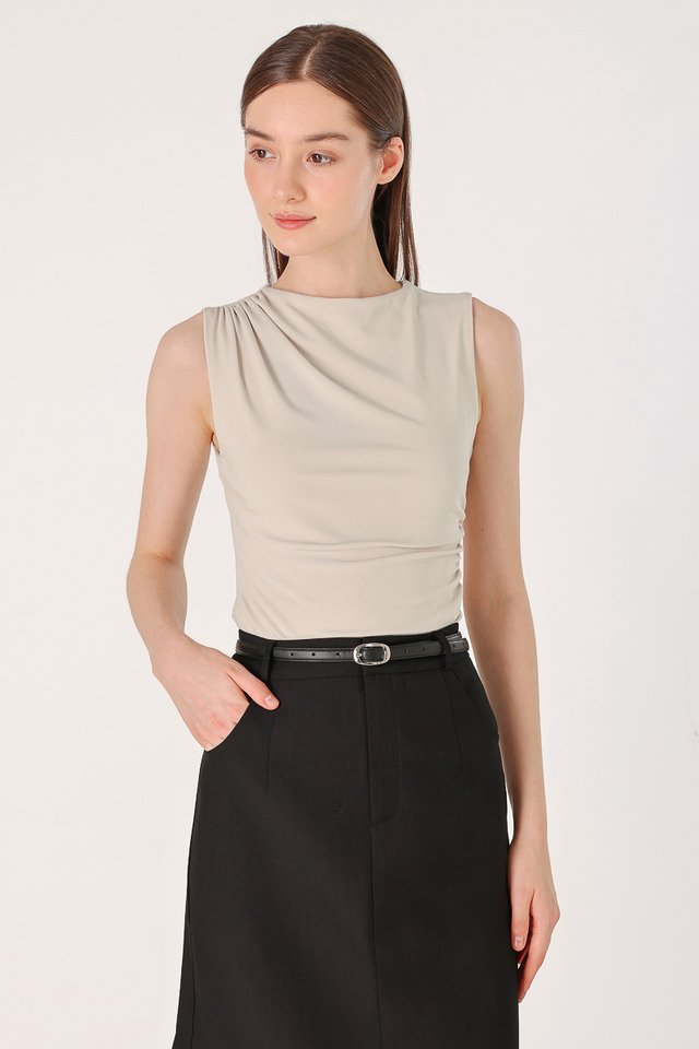 ANGIE MOCK NECK RUCHED TOP (TAUPE)
