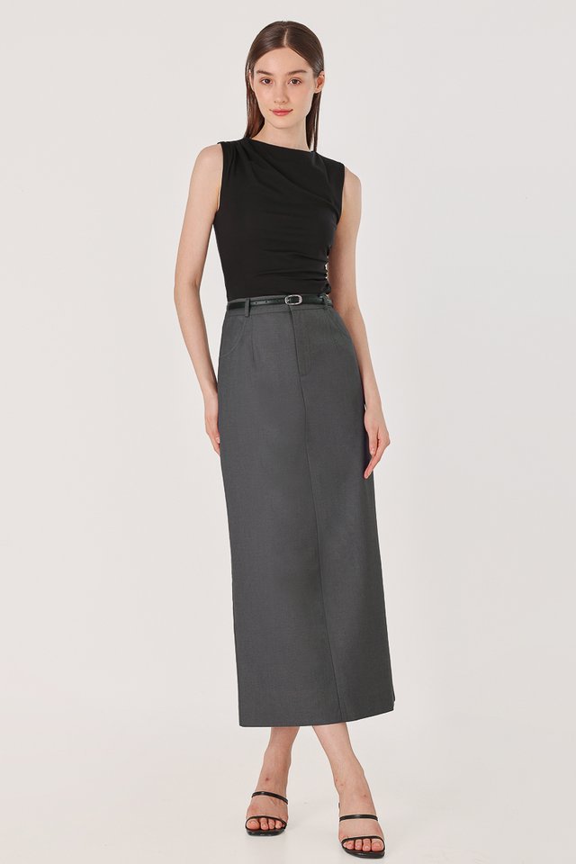 LEONA BELTED COLUMN BACK SLIT MAXI SKIRT (GREY)