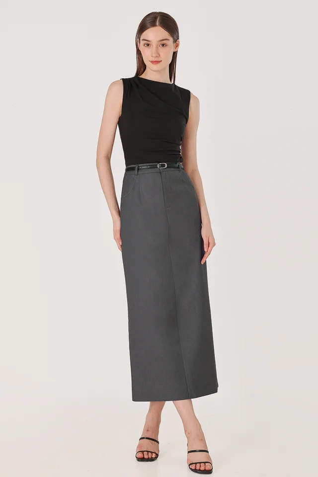 LEONA BELTED COLUMN BACK SLIT MAXI SKIRT (GREY)