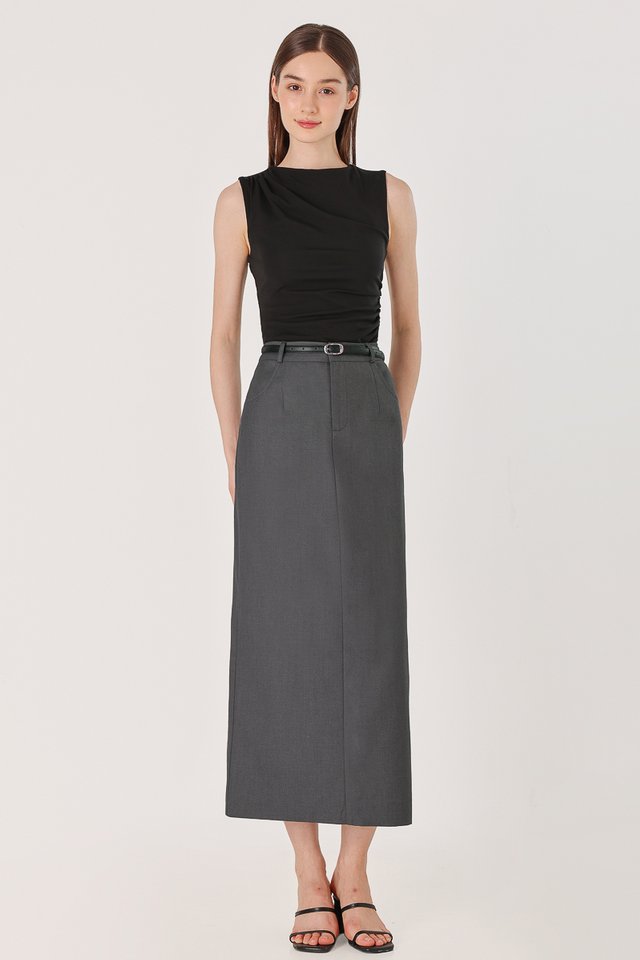 LEONA BELTED COLUMN BACK SLIT MAXI SKIRT (GREY)