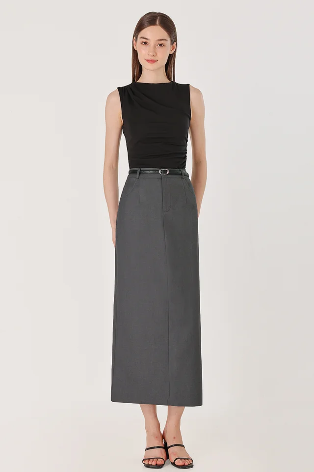 LEONA BELTED COLUMN BACK SLIT MAXI SKIRT (GREY)