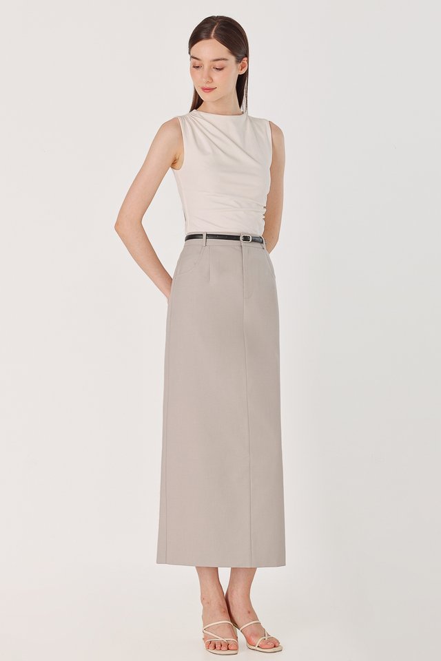 LEONA BELTED COLUMN BACK SLIT MAXI SKIRT (TAUPE)