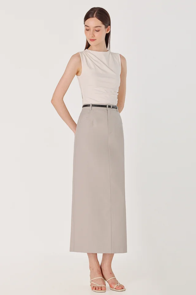 LEONA BELTED COLUMN BACK SLIT MAXI SKIRT (TAUPE)
