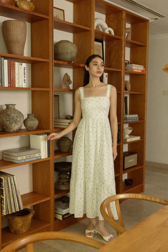 GRAYCE PADDED FLORAL LACE DROPWAIST MAXI DRESS