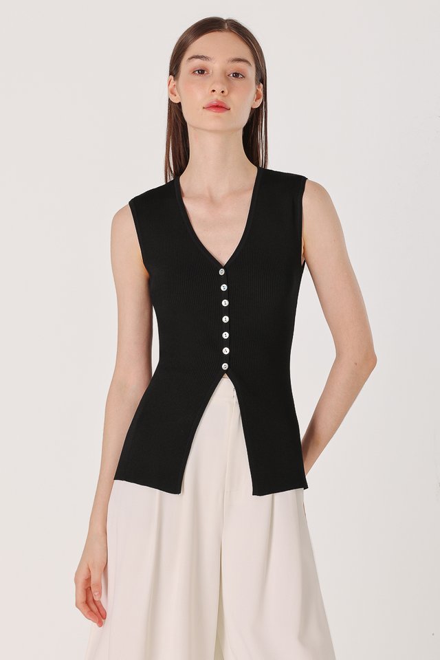 NOELLE SHELL BUTTON LONGLINE KNIT TOP (BLACK)