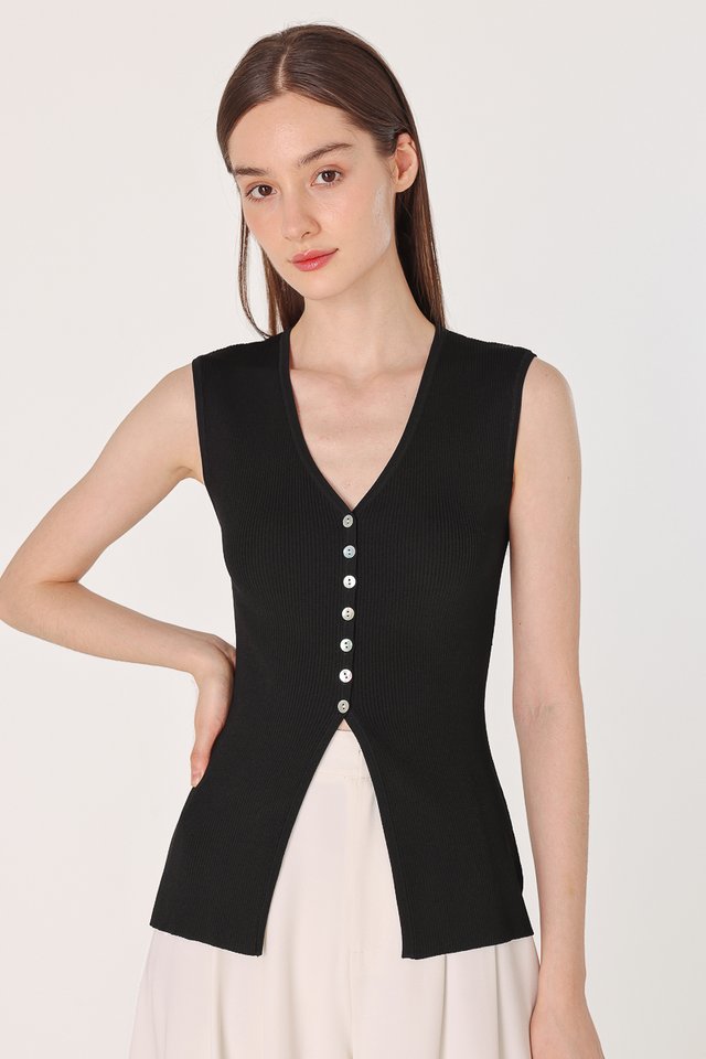 NOELLE SHELL BUTTON LONGLINE KNIT TOP (BLACK)