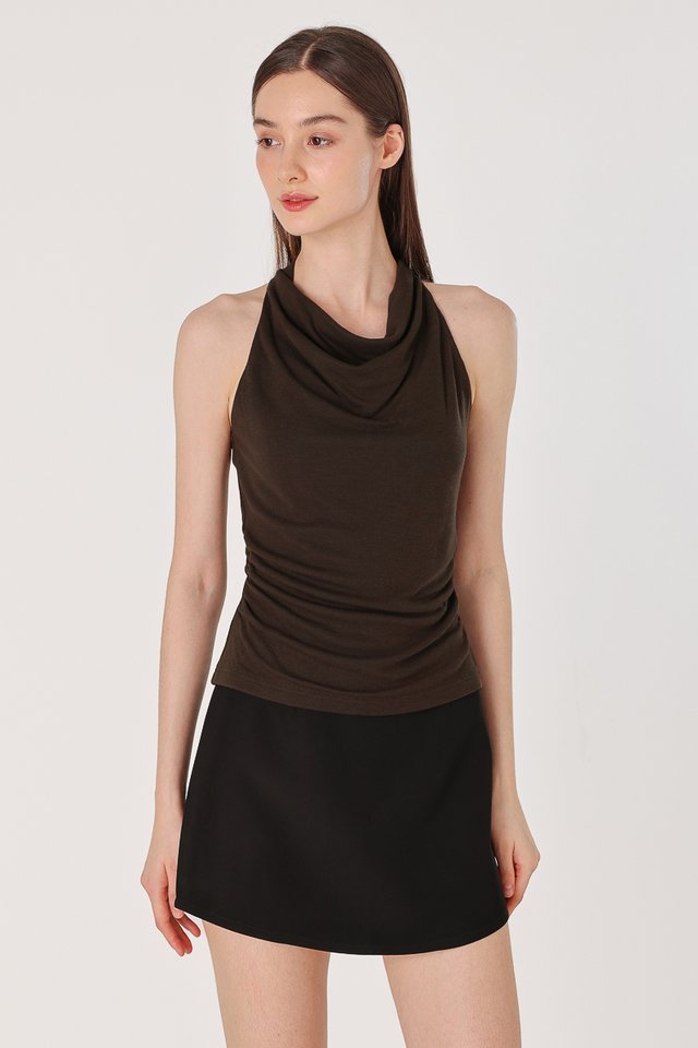 RIKI COWL NECK RUCHED HALTER TOP (BROWN)