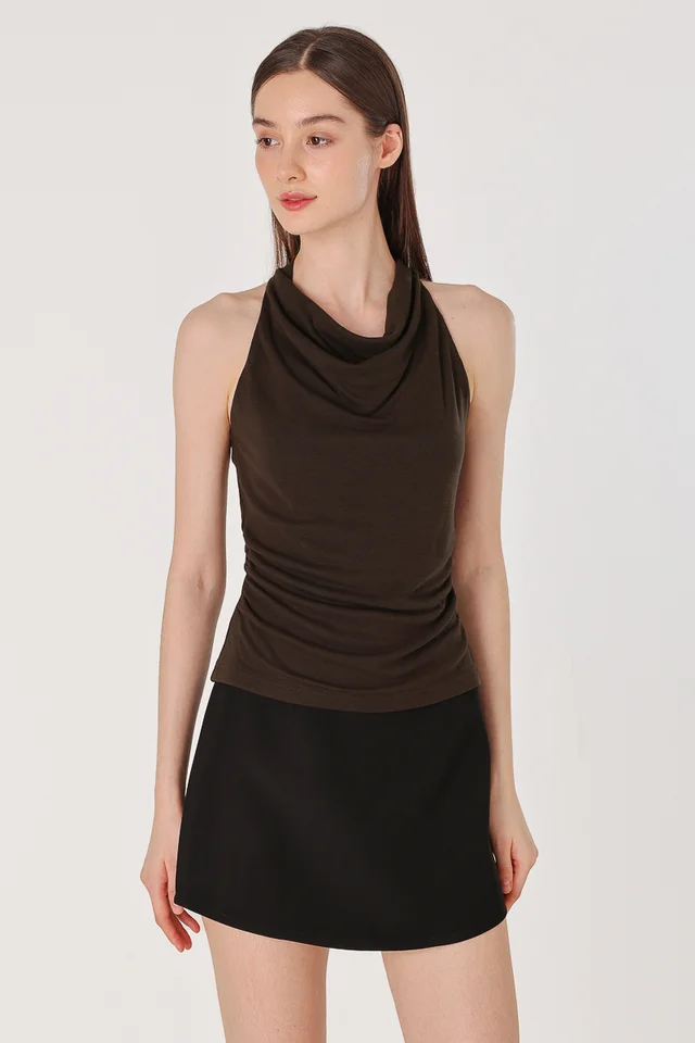 RIKI COWL NECK RUCHED HALTER TOP (BROWN)