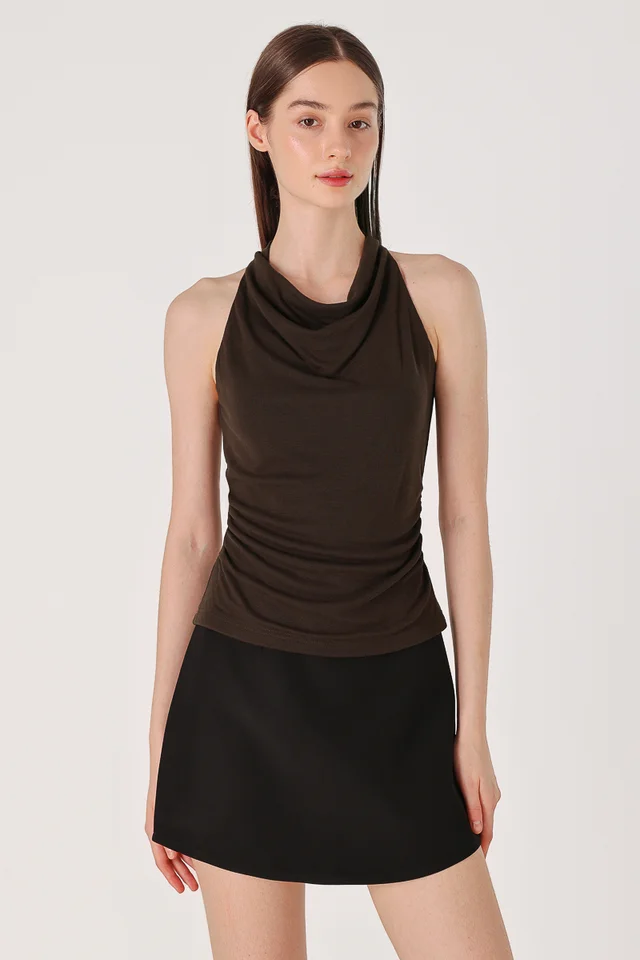 RIKI COWL NECK RUCHED HALTER TOP (BROWN)
