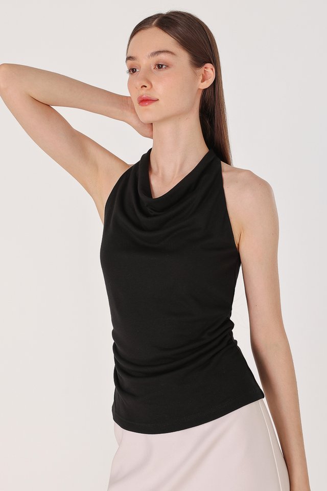 RIKI COWL NECK RUCHED HALTER TOP (BLACK)