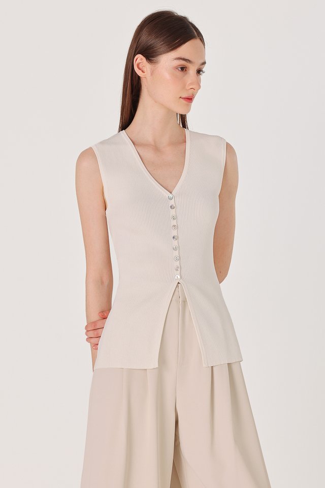 NOELLE SHELL BUTTON LONGLINE KNIT TOP (OFF-WHITE)