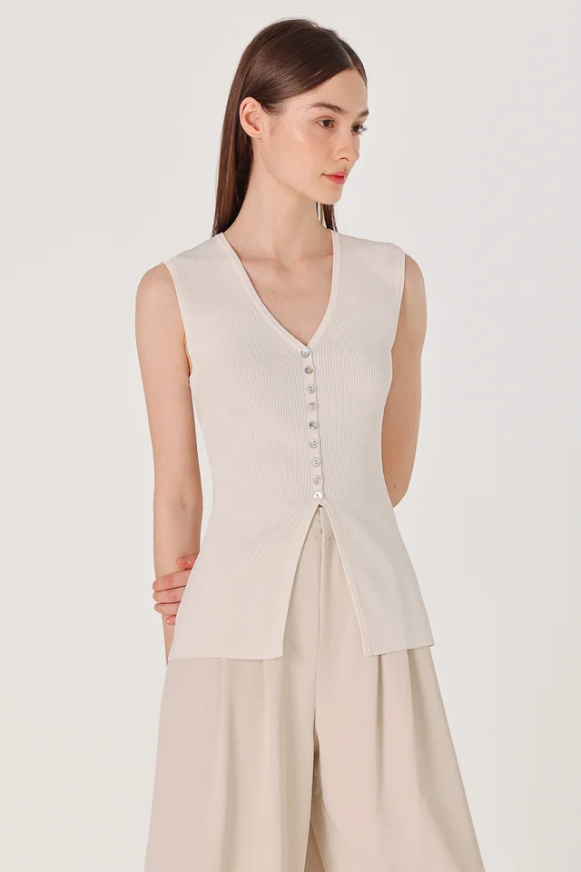 NOELLE SHELL BUTTON LONGLINE KNIT TOP (OFF-WHITE)