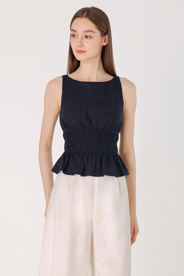 ASTER LINEN ELASTIC RUCHED WAIST TOP (NAVY)